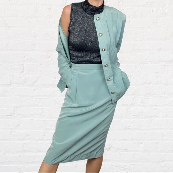 VINTAGE | 1980’s Howard Wolf Pastel Mint Preppy Classic Retro Jacket Skirt Suit - Picture 10 of 12